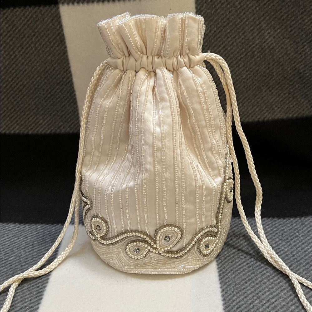Handmade Beaded Drawstring Pouch Iridescent Faux Pearl Evening Bag